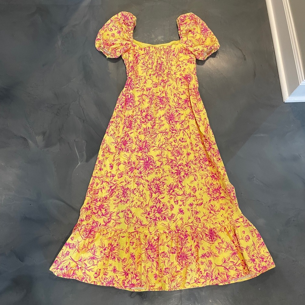 London Times Yellow Pink Floral Linen Smocked Puff Sleeve Maxi Dress 4 Milkmaid - Picture 7 of 9